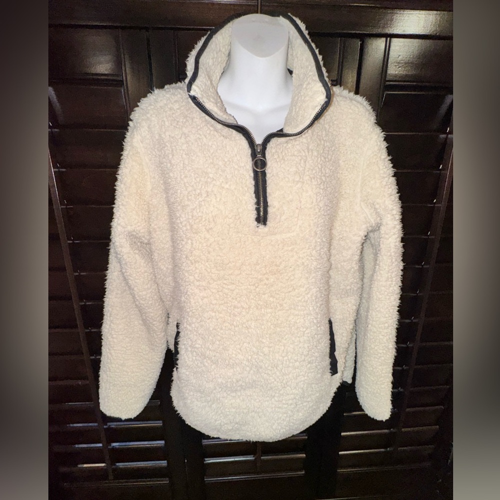 Thread & Supply Wubby Sherpa Quarter Zip Womens Pullover Ivory Black Trim MEDIUM